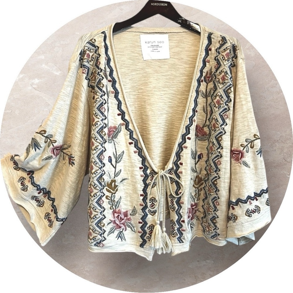 Karyn SEO Embroidered Beige kimono Cardigan Sweater, asymmetric oversized size S - Picture 3 of 15